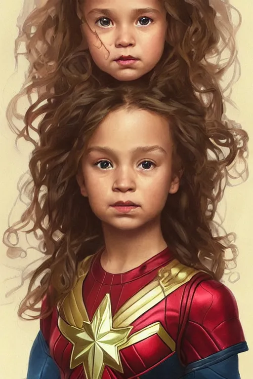 Prompt: a little girl with a michievous face and light brown curly wavy hair. she is dressed as captain marvel, wonder woman, captain america, a superhero. clean elegant painting, beautiful detailed face. by artgerm and greg rutkowski and alphonse mucha