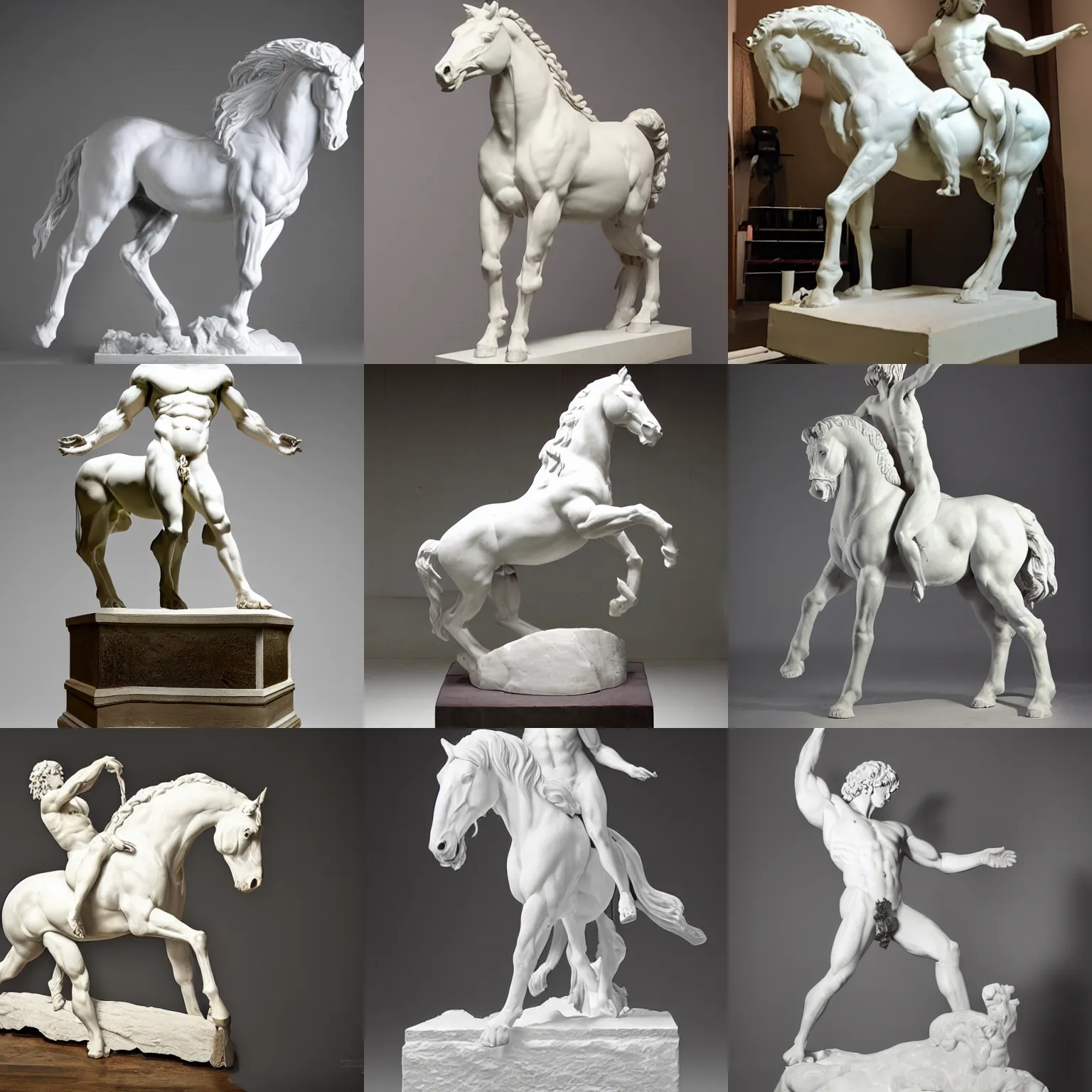 Prompt: studio photo of a white greek statue of a centaur!!! centaur centaur, human horse chimera, human torso horse body, taur, centaur, chiron headless