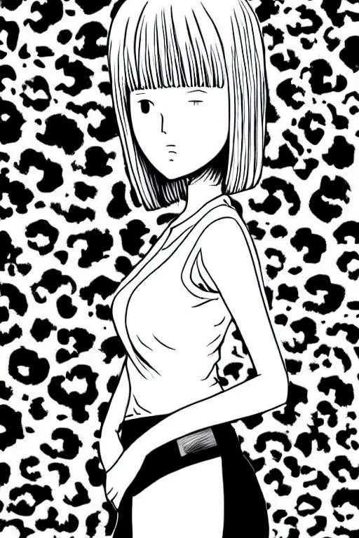 Image similar to portrait of a girl in long pants and a top, hands in pockets, eyes closed, bob haircut, digital art, black and white, lineart by junji ito and kaoru mori