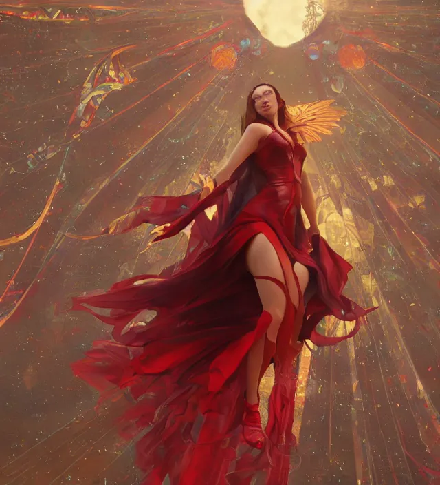 Prompt: scarlet witch soaring in the sky, nostalgia, very detailed texture, realistic shaded lighting, studio quality, digital art, background style by alphonse mucha, unreal engine 5 rendered, octane rendered, pinnacle studio, naturel, trending on artstation, art style by nixeu and ian sprigger