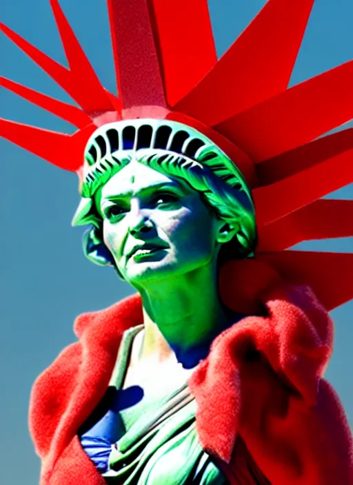 Image similar to woman dressed like lady liberty sitting on a red dragon