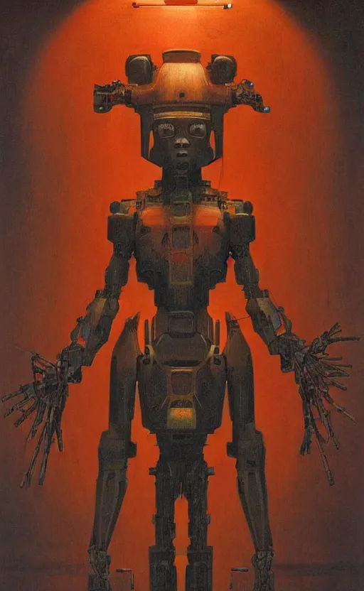 Image similar to portrait of mecha african tribal chief, symmetrical, dramatic lighting, colourful, art by zdzislaw beksinski,