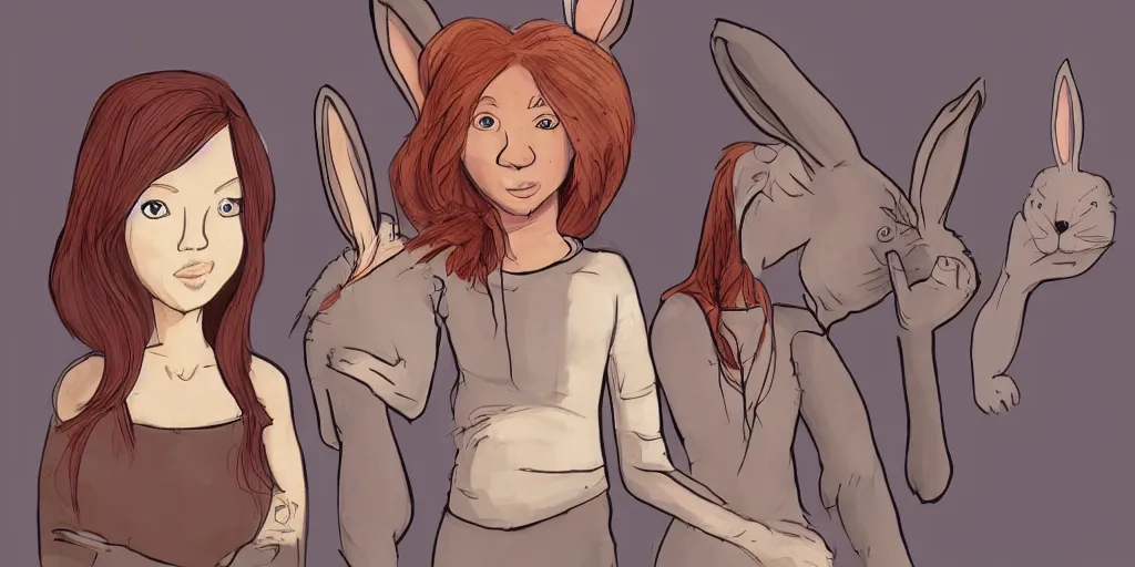 Prompt: women, dark skin, ginger, cartoon, sweatshirt, concept art, concept art, bunny ears,