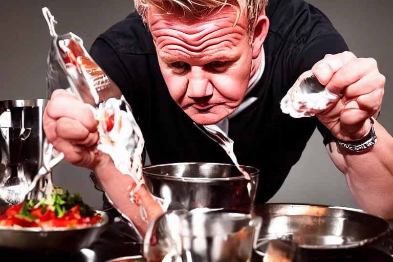 Image similar to closeup potrait of gordon ramsay vomiting on the set of masterchef, screen light, sharp, detailed face, spewing vomit, magazine, press, photo, Steve McCurry, David Lazar, Canon, Nikon, focus