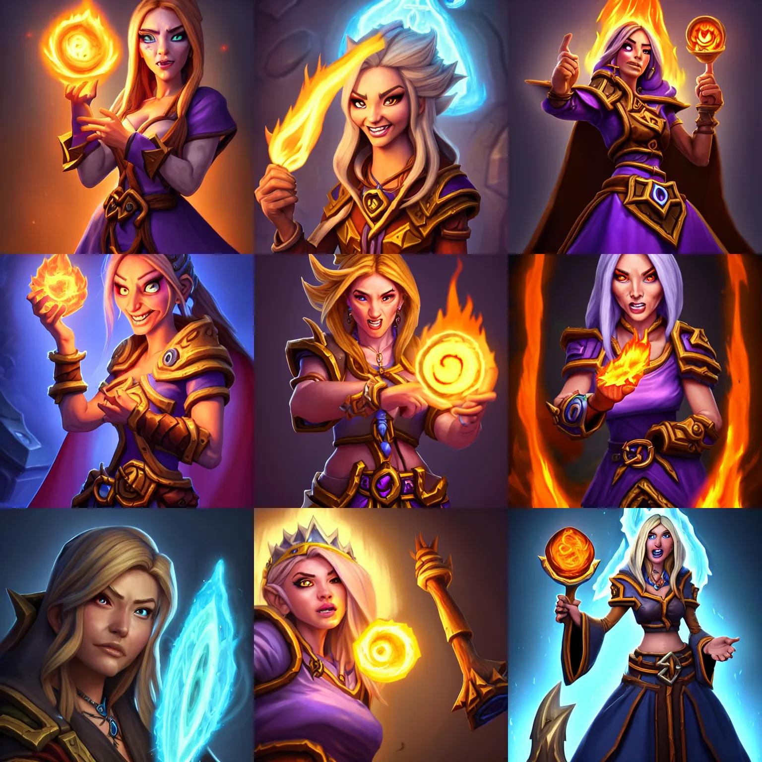 Prompt: Hearthstone official professional art, with realistic Hearthstone face & eyes. A sorceress, wearing a robe casting a fire ball. Insanely coherent and well drawned physical body parts (face, arms, legs, hair, eyes). Full body, sharp focus, 8k high definition, insanely detailed, elegant, smooth, sharp focus, illustration, ArtStation