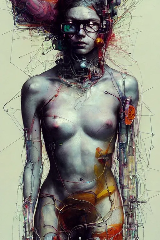 Image similar to young woman cyberpunk dream thief, wires cybernetic implants, in the style of adrian ghenie, esao andrews, jenny saville,, surrealism, dark art by james jean, takato yamamoto. intricate, very detailed, high quality