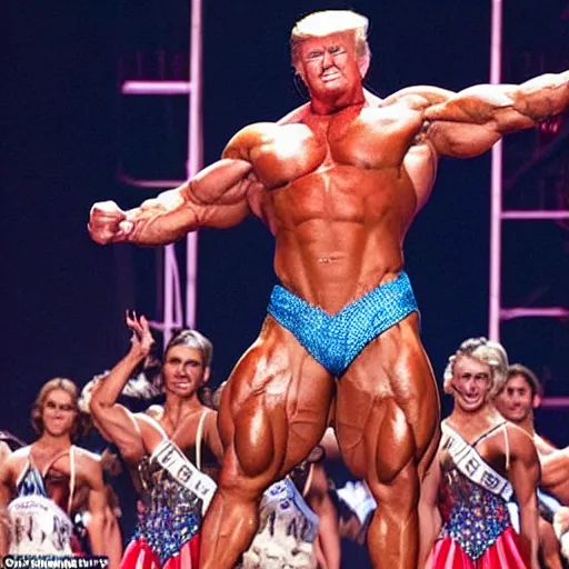 Prompt: an extremely muscular GigaChad Donald Trump flexing on stage during Mr. Universe, bright lights, highly detailed