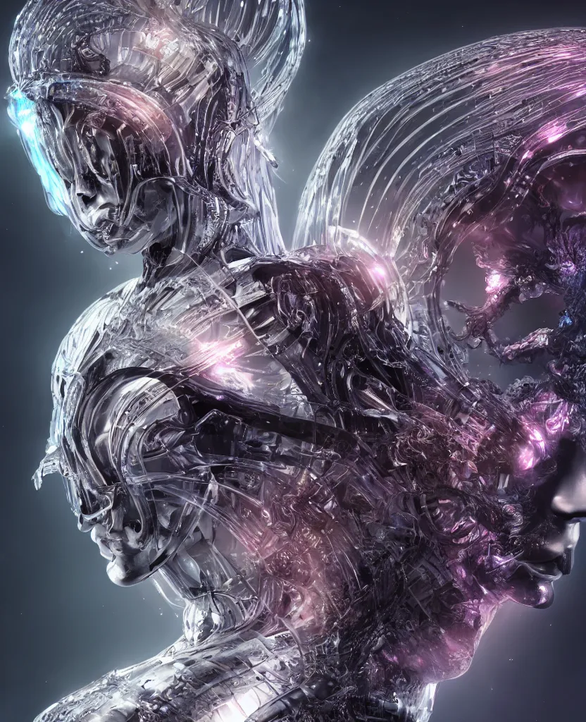 Prompt: epic futuristic ancient close-up macro portrait of the face of a beautiful princess, epic angle and pose, symmetrical artwork, 3d with depth of field, blurred background, cybernetic jellyfish crystal, obsidian, female face skull phoenix bird, translucent, nautilus, energy flows of water and fire. a highly detailed epic cinematic concept art CG render. made in Maya, Blender and Photoshop, octane render, excellent composition, cinematic dystopian brutalist atmosphere, dynamic dramatic cinematic lighting, aesthetic, very inspirational, arthouse. y Greg Rutkowski, Ilya Kuvshinov, WLOP, Stanley Artgerm Lau, Ruan Jia and Fenghua Zhong