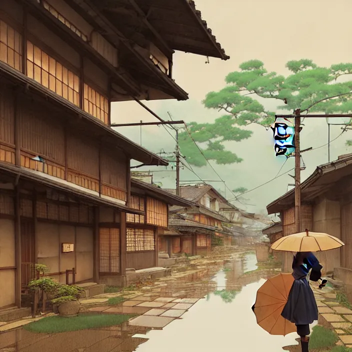 Prompt: japanese rural town, rain, in the style of studio ghibli, j. c. leyendecker, greg rutkowski, artem