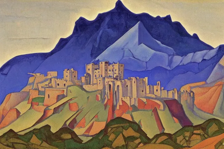 Image similar to A oil painting of a castle in the mountains by Nicholas Roerich, by Georgia o Keeffe, by Gustave Moreau