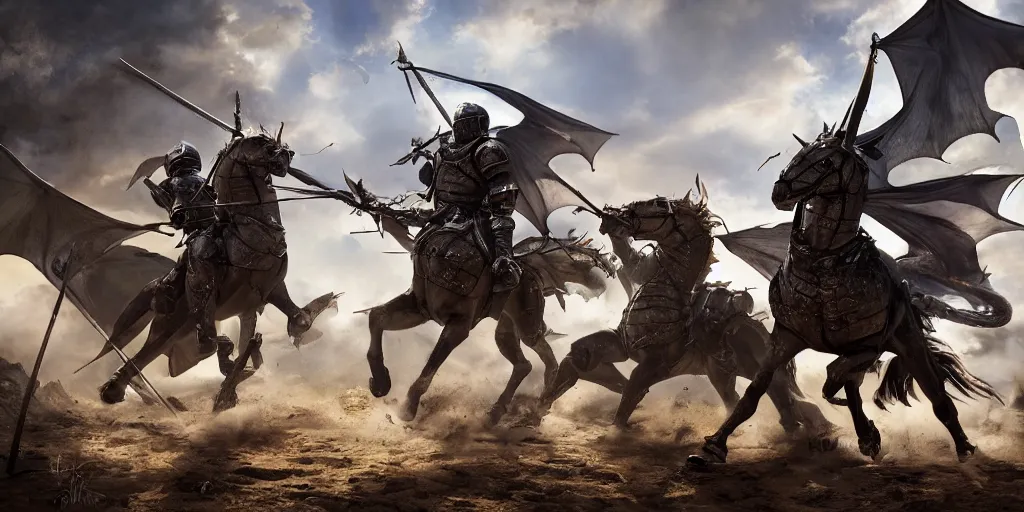 Image similar to detailed digital painting of a battle scene, mounted knights fighting against a dragon, cinematic shot, very detailed, unreal engine, hyper realism, realistic shading, cinematic composition, blender render, octane render, hdr, detailed textures, photorealistic, very wide shot, 1 6 mm lens