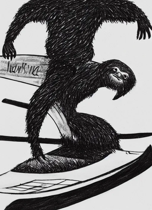 Prompt: black ink drawing of sloth riding surfboard