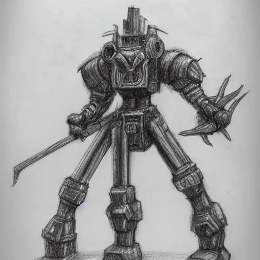 Prompt: medieval humanoid mech, pencil sketch, concept art