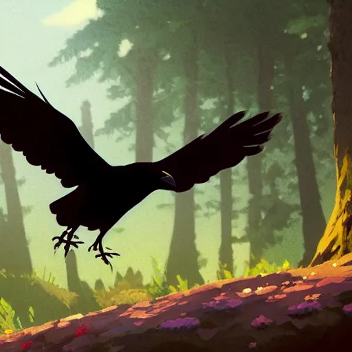 Image similar to a wholesome animation key shot of a crow on a hill, simetrical medium shot, studio ghibli, pixar and disney animation, sharp, rendered in unreal engine 5, anime key art by greg rutkowski, bloom, dramatic lighting