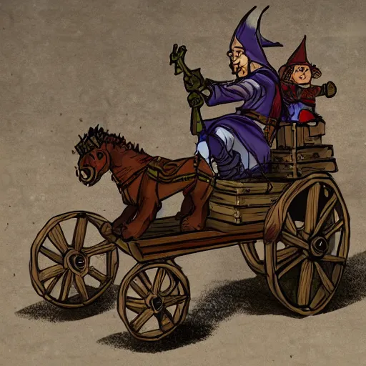 Image similar to illustration of a cart being ridden by a halfling wizard, high elf ranger, dragonborn, elven bard, dungeons and dragons