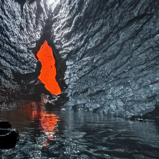 Image similar to head of walter whitr emerges from a lava lake, cave background, high detail, lava reflections, cave reflecting in the lava lake, dramatic shot