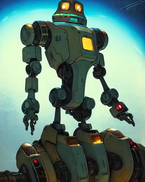 Image similar to bastion the friendly robot from overwatch, character portrait, portrait, close up, concept art, intricate details, highly detailed, vintage sci - fi poster, retro future, in the style of chris foss, rodger dean, moebius, michael whelan, and gustave dore