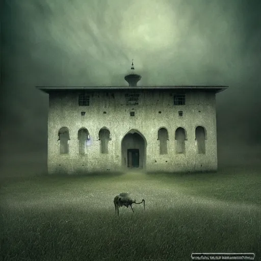 Prompt: a big mosque in a Village, horror, fog, foster, highly detailed, one house, fear, dark inside, dark mammatus cloud,hyper realistic, atmospheric lighting, beksinski