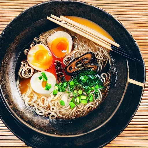 Prompt: a steaming bowl of ramen in a street noodle bar in the rainy city of neotokyo, cyberpunk, futuristic, grungy, hd, 4 k, very detailed, polaroid photograph