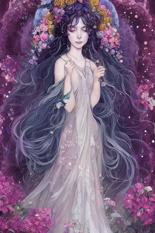 Prompt: fullbody artwork of a pretty goddess of dreams, wearing a long flowery dress, intricate, prism, flowey, wispy, wide hips, attractive character, gothic, intangible, dreamy, Character concept by Charlie Bowater, Anna Dittmann, WLOP, Rumiko Takahashi, Akihiko Yoshida, Hyung-tae Kim, alexander mcqueen, trending on Artstation