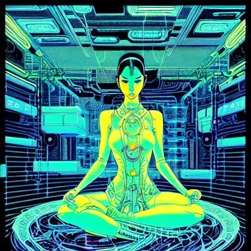 Image similar to a portrait of a beautiful cybernetic woman meditating in lotus pose, wires, cyberpunk concept art by josan gonzales and philippe druillet and dan mumford and enki bilal and jean claude meziere