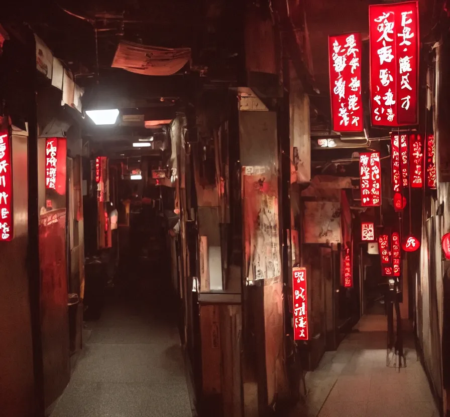 Prompt: spooky photo of a dark infinite hallway of a japanese izakaya with open lit doorways all the way down, dramatic lighting, smoke, ceiling fluorescent lighting, black and red colour palette