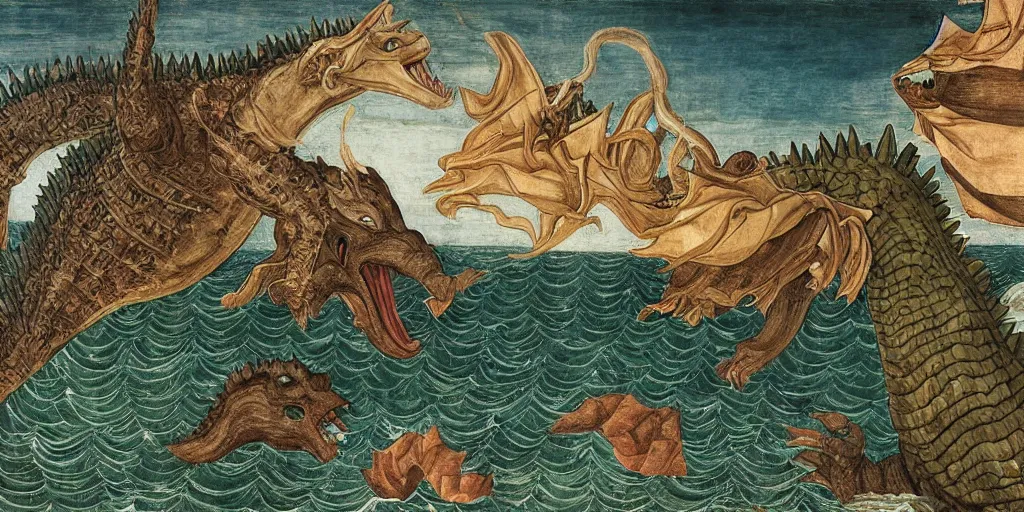 Image similar to godzilla emerging from the seas by sandro botticelli, painting