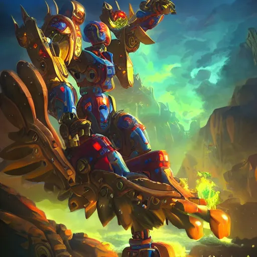 Image similar to giant (((((((robot parrot)))))))) with giant robot parrot talons, giant robot parrot wings fantasy digital art, magical background in the style of hearthstone artwork