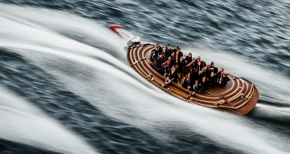 Image similar to a speedboat designed like a viking ship sailing down a river, f / 2. 8, motion blur