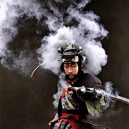 Prompt: a samurai warrior made of smoke, mystical magical :: by tim burton