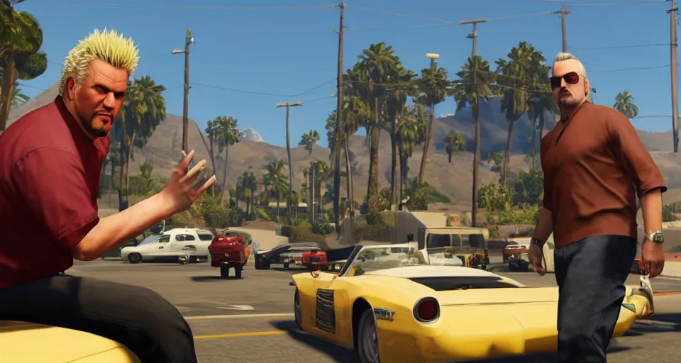 Prompt: GTAV ((loading screen)) featuring ((((Guy Fieri)))) striking a deal, 4k, artistic