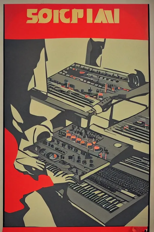 Prompt: soviet propaganda poster of a sound synthesizer solving world problems