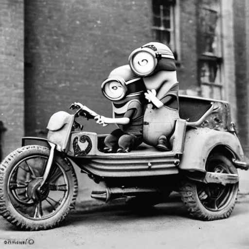 Image similar to minions from despicable me ridding a half - track motorcycle with a single front wheel, better known as the kleines kettenkraftrad hk 1 0 1, in the empty and destroyed london, circa 1 9 3 9, 4 k hd