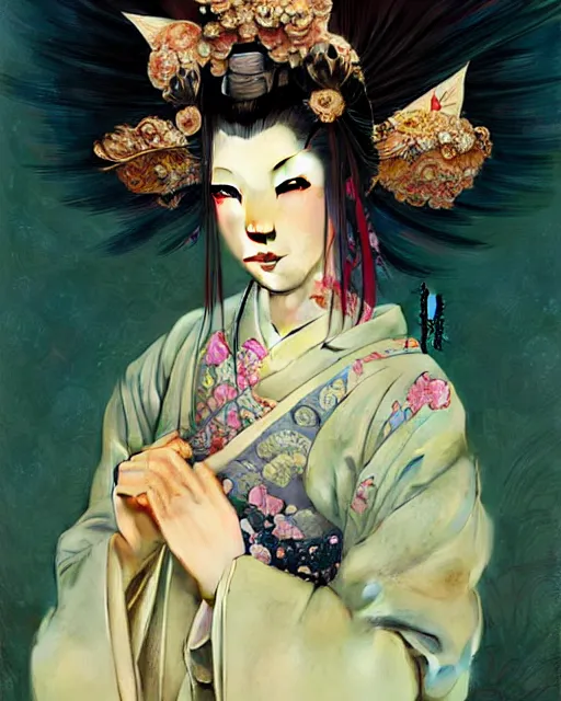 Prompt: 約 束 よ. cyberpunk geisha. beautiful detailed face. fantasy, regal, by kim keever, victo ngai, stanley artgerm lau, greg rutkowski, thomas kindkade, alphonse mucha, loish, norman rockwell