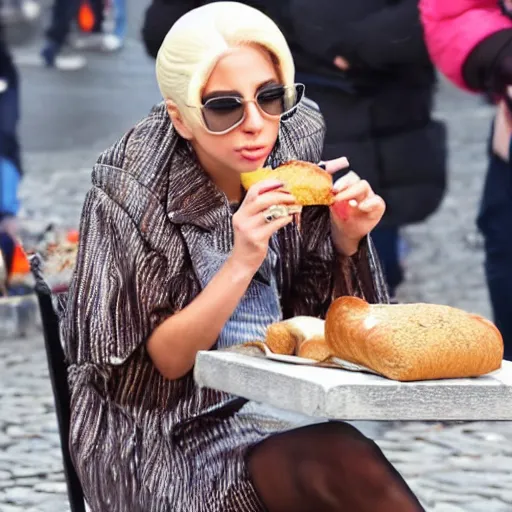 Image similar to Lady Gaga eating bread on Charles Bridge