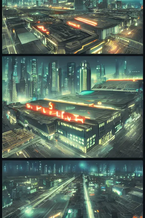 Image similar to cyberpunk buildings with a flight vehicle glowing in the sky, neon sign, bottom view, wide shot, bladerunner, pixiv