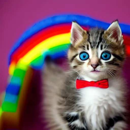 Image similar to a kitten on a rainbow wearing a bowtie