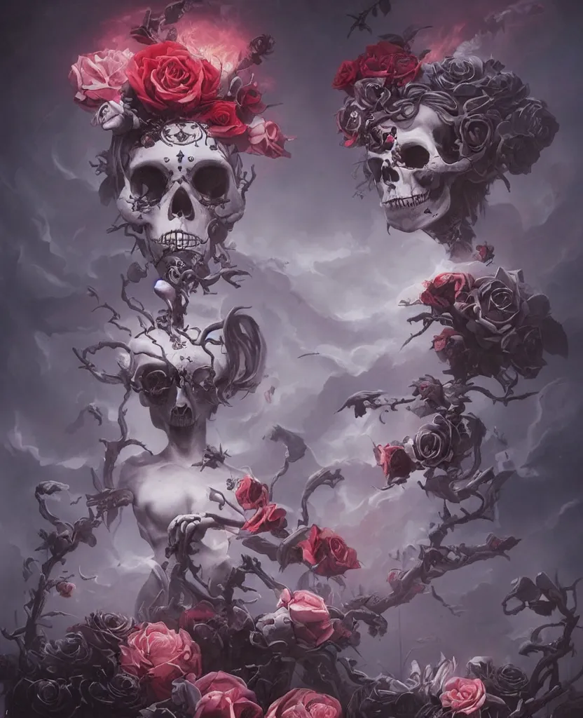 Image similar to a chaotic goddess of death skull black rose s day of the dead atmospheric, dramatic, concept art by Peter Mohrbacher hyperrealist, cinema4D, 8k highly detailed ❤️‍🔥 🔥 💀 🤖 🚀