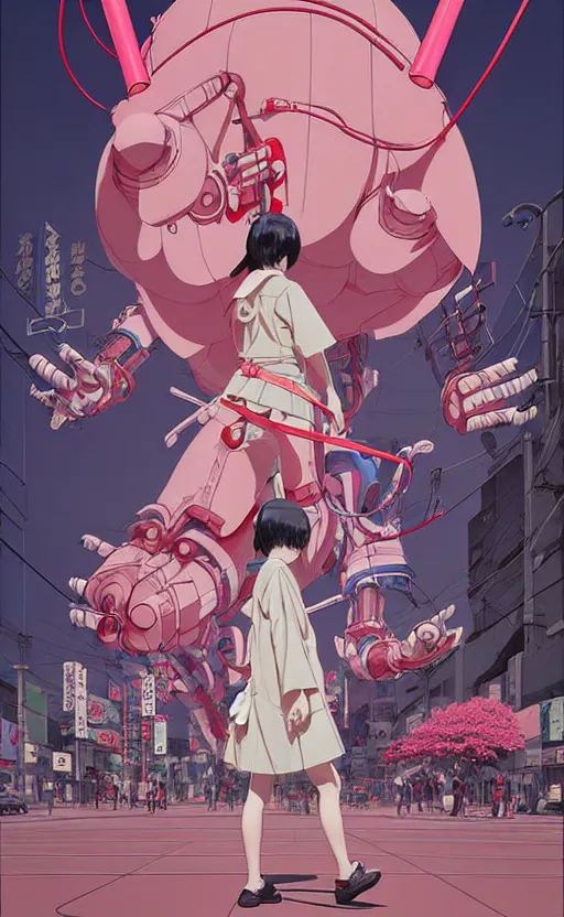 Image similar to Artwork by James Jean, Phil noto and hiyao Miyazaki ; a young Japanese future samurai police girl named Yoshimi battles an enormous looming evil natured carnivorous pink robot on the streets of Tokyo; Japanese shops and neon signage; crowds of people running; Art work by hiyao Miyazaki, Phil noto and James Jean