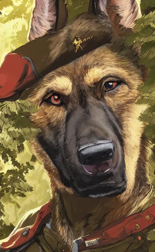 Image similar to close up character portrait icon of the german shepard beast - man military uniform head animal person wearing clothes standing in the bright forest, hidari, color page, tankoban, 4 k, tone mapping, akihiko yoshida