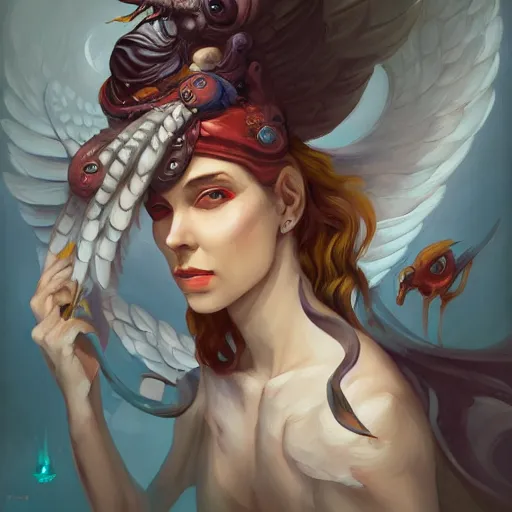 Image similar to a painting of a woman with wings on her head, a character portrait by Peter Mohrbacher, polycount contest winner, vanitas, grotesque, speedpainting, lovecraftian