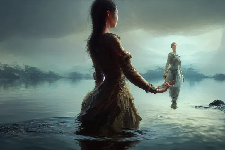 Image similar to first person perspective of a woman looking at her hands full of rings, the woman is reflected in the water of a lake, in the style of ruan jia, illustration, epic, fantasy, hyper detailed, smooth, unreal engine, sharp focus, ray tracing