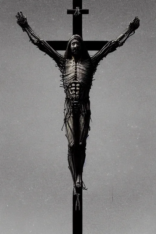 Prompt: full body shot of a cybernetic jesus on the cross, wires, cyberpunk art by beksinski and szukalski and giger and seb mckinnon and dan mumford and wlop and josan gonzalez, digital art, highly detailed, intricate, sharp focus, trending on artstation hq, deviantart, pinterest, unreal engine 5, 4 k uhd image