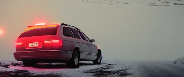 Image similar to Audi A4 B6 Avant (2002), a gritty neo-noir, dramatic lighting, cinematic, eerie person, death, homicide, homicide in the snow, gunshots, establishing shot, extremely high detail, photorealistic, red mist, red fog, chaos, arson, burning city, cinematic lighting, artstation, by simon stalenhag, Max Payne (PC) (2001) winter New York at night, In the style of Max Payne 1 graphic novel, flashing lights, Poets of the Fall - Late Goodbye