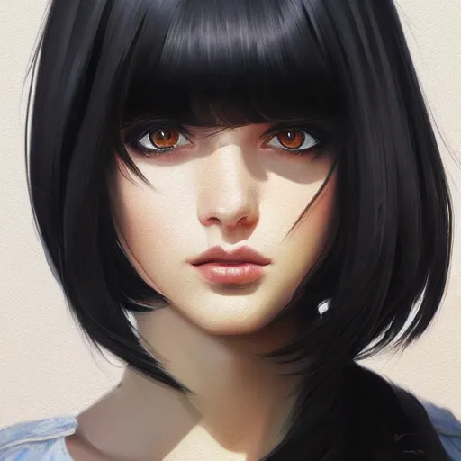 Image similar to portrait of beautiful young woman with black-hair and bangs, highly detailed, digital painting, artstation, concept art, sharp focus, illustration, art by ilya kuvshinov, krenz cushart, Greg Rutkowski