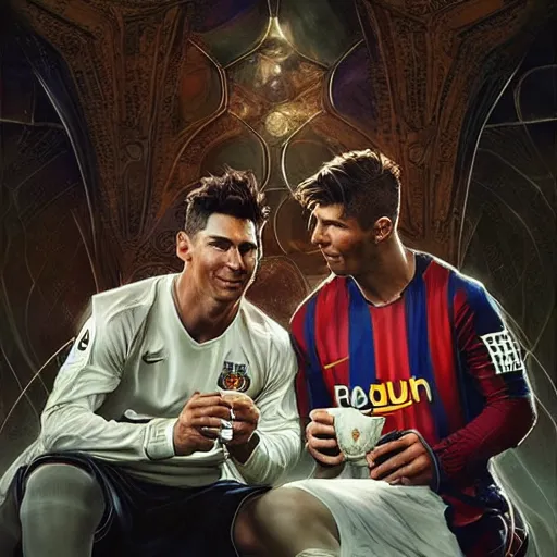 Image similar to Portrait of lionel messi and christiano ronaldo drinking tea in heaven, fantasy, intricate, elegant, highly detailed, digital painting, artstation, concept art, smooth, sharp focus, illustration, art by artgerm and greg rutkowski and alphonse mucha