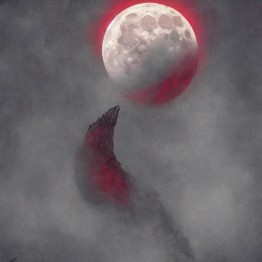 Image similar to moon with a fanged devouring moon sharp fangs streaming blood bestial moon, award winning oil painting digital art, chromatic aberration