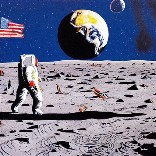 Image similar to a painting of astronauts walking on the moon with the earth in the background, by howard finster