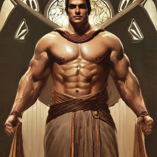 Image similar to portrait of henry cavill as a heavenly god, full body, muscular, fantasy, intricate, elegant, highly detailed, digital painting, artstation, concept art, matte painting, sharp focus, illustration, art by artgerm and greg rutkowski and alphonse mucha