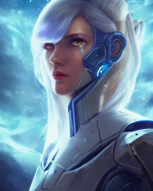 Image similar to perfect android girl on a mothership, warframe armor, beautiful face, scifi, futuristic, galaxy, nebula, raytracing, dreamy, long white hair, blue cyborg eyes, sharp focus, cinematic lighting, highly detailed, artstation, divine, by gauthier leblanc, kazuya takahashi, huifeng huang